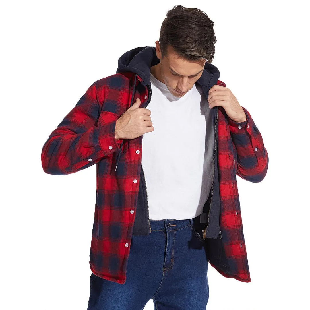 Men's Winter Thick Zip Plaid Flannel Shirts Detachable Hood Quilted