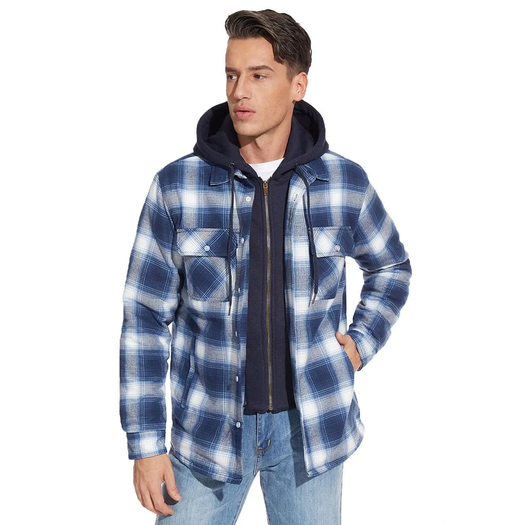 Men's Winter Thick Zip Plaid Flannel Shirts Detachable Hood Quilted