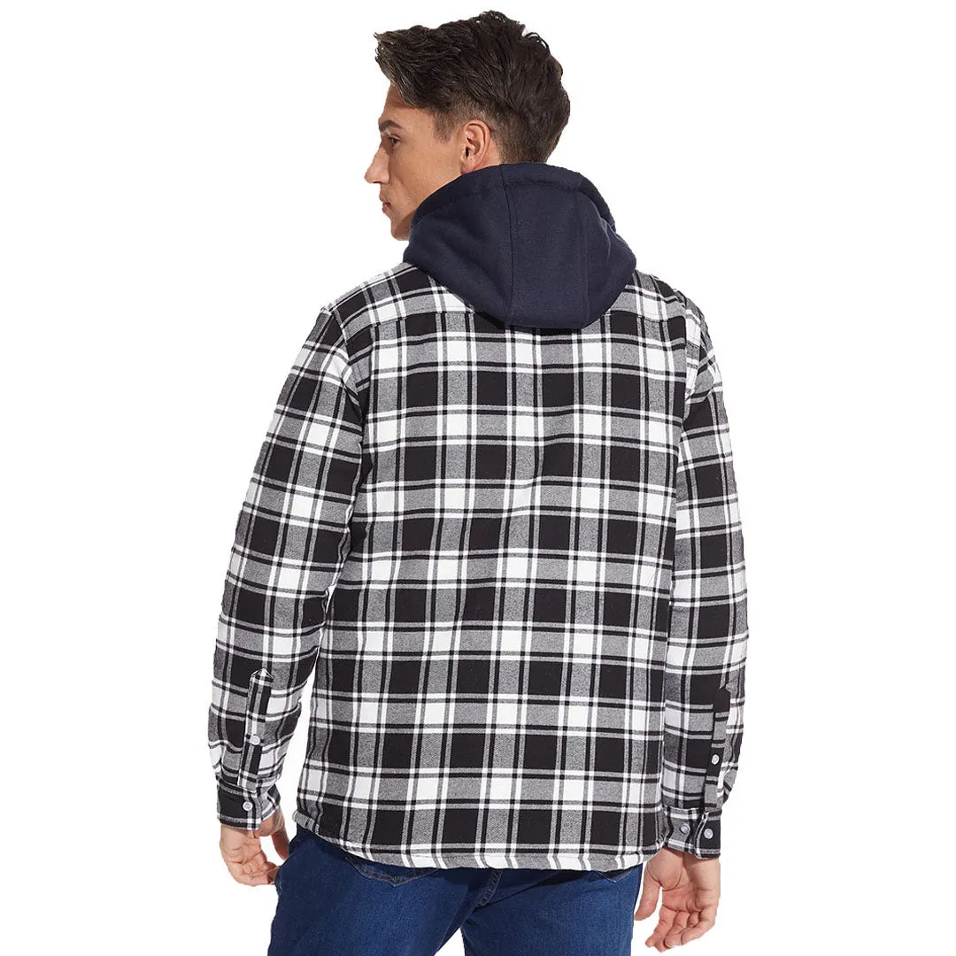 Men's Winter Thick Zip Plaid Flannel Shirts Detachable Hood Quilted