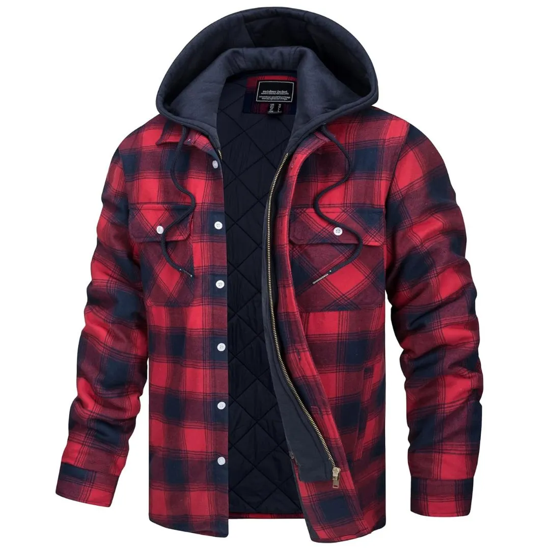Men's Winter Thick Zip Plaid Flannel Shirts Detachable Hood Quilted