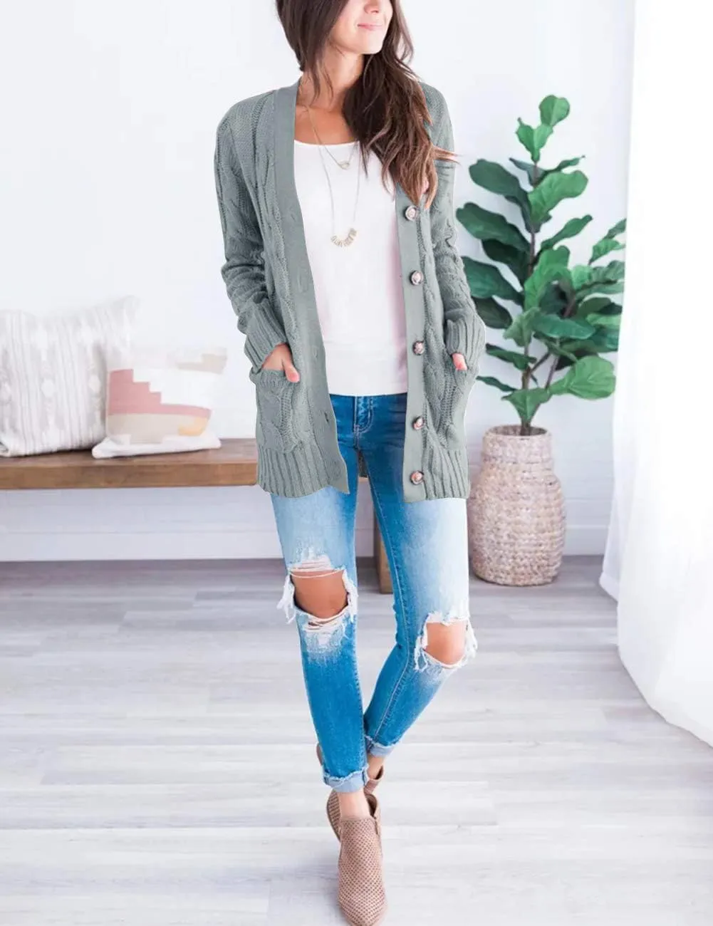 MEROKEETY Women's 2025 Fall Long Sleeve Cable Knit Sweater Open Front Cardigan Button Loose Outerwear