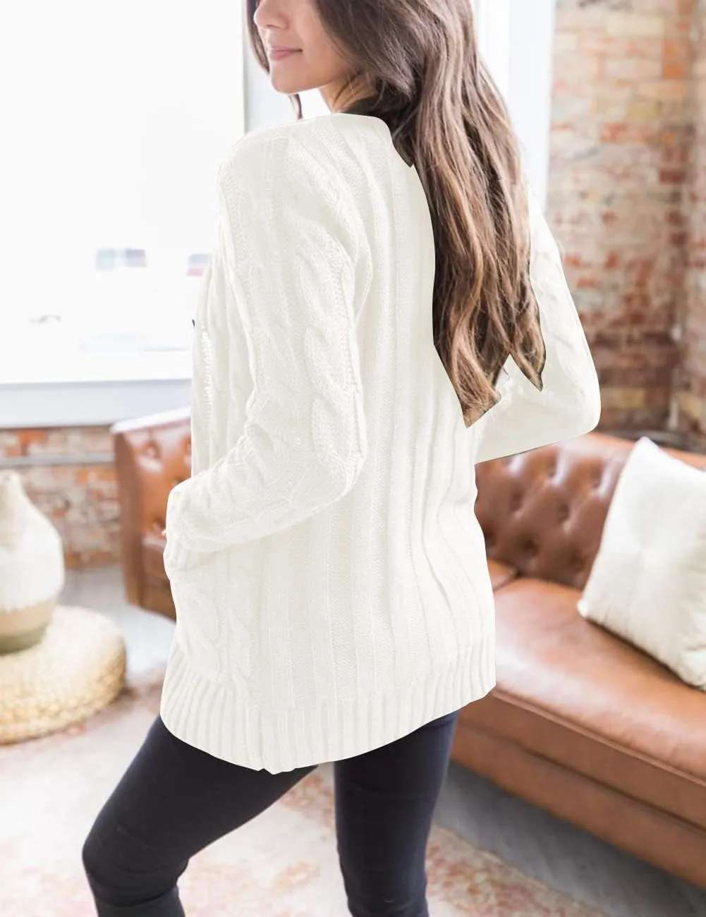 MEROKEETY Women's 2025 Fall Long Sleeve Cable Knit Sweater Open Front Cardigan Button Loose Outerwear