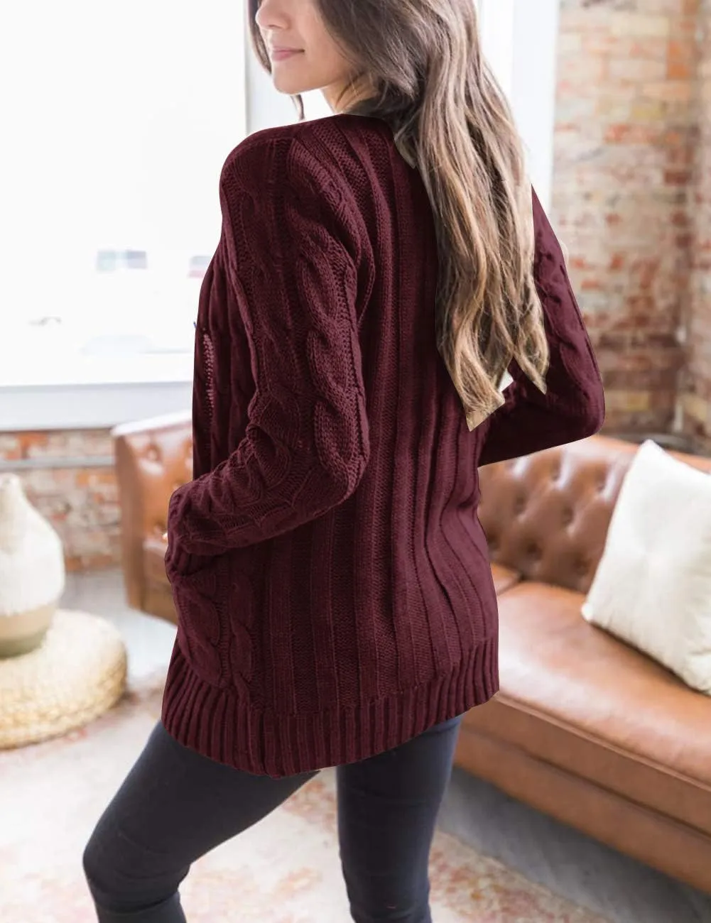 MEROKEETY Women's 2025 Fall Long Sleeve Cable Knit Sweater Open Front Cardigan Button Loose Outerwear