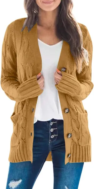 MEROKEETY Women's 2025 Fall Long Sleeve Cable Knit Sweater Open Front Cardigan Button Loose Outerwear