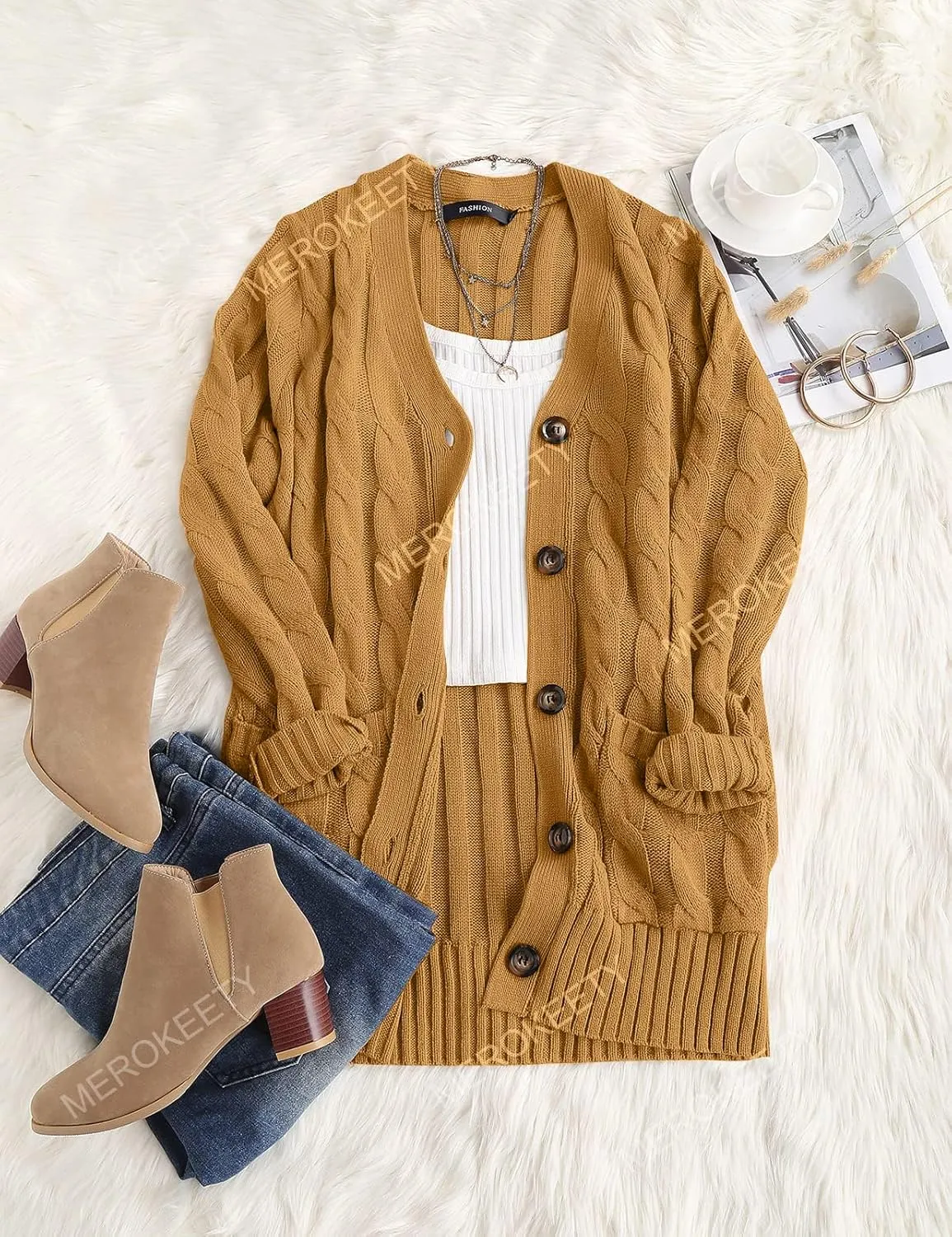 MEROKEETY Women's 2025 Fall Long Sleeve Cable Knit Sweater Open Front Cardigan Button Loose Outerwear