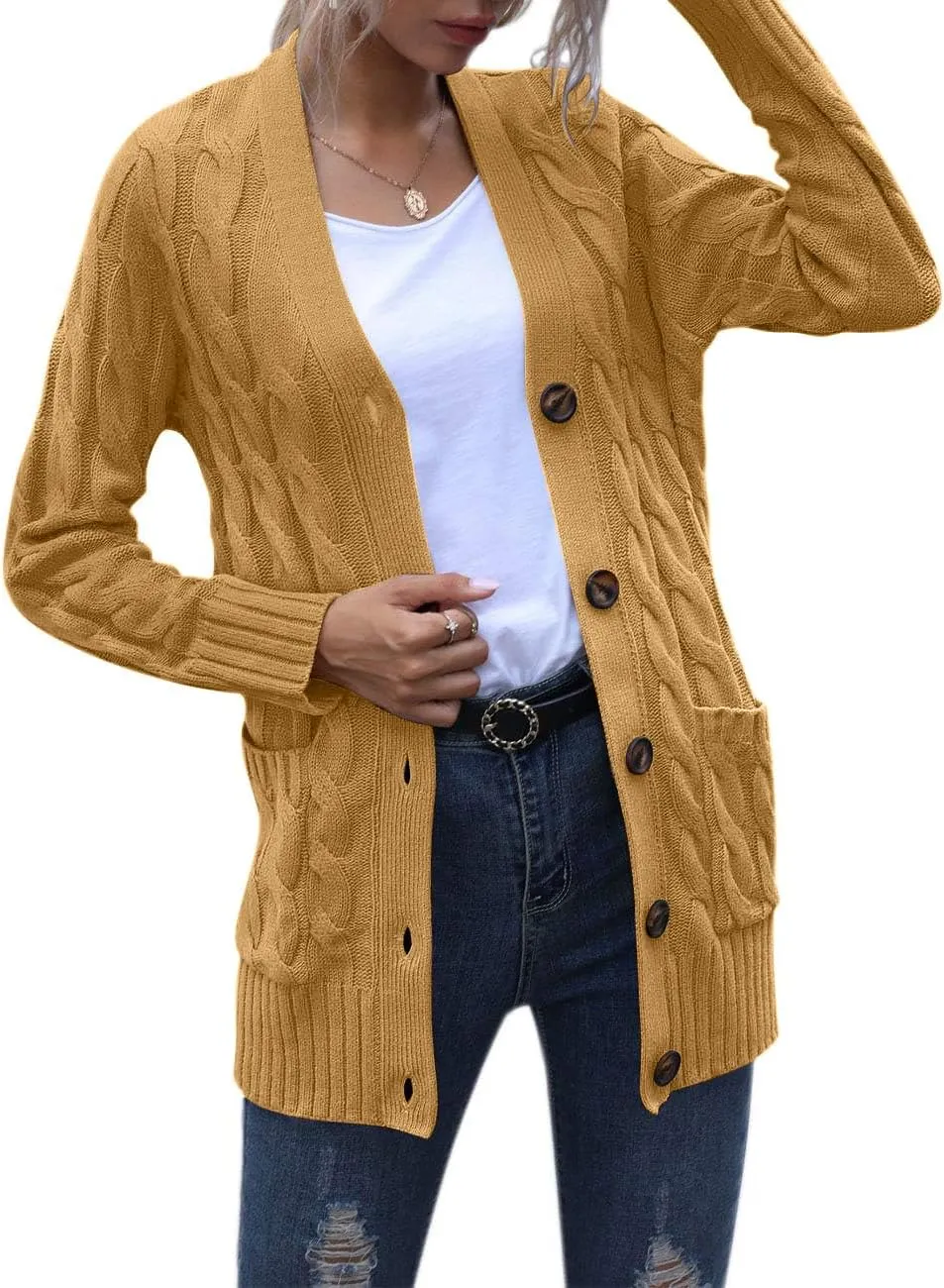 MEROKEETY Women's 2025 Fall Long Sleeve Cable Knit Sweater Open Front Cardigan Button Loose Outerwear