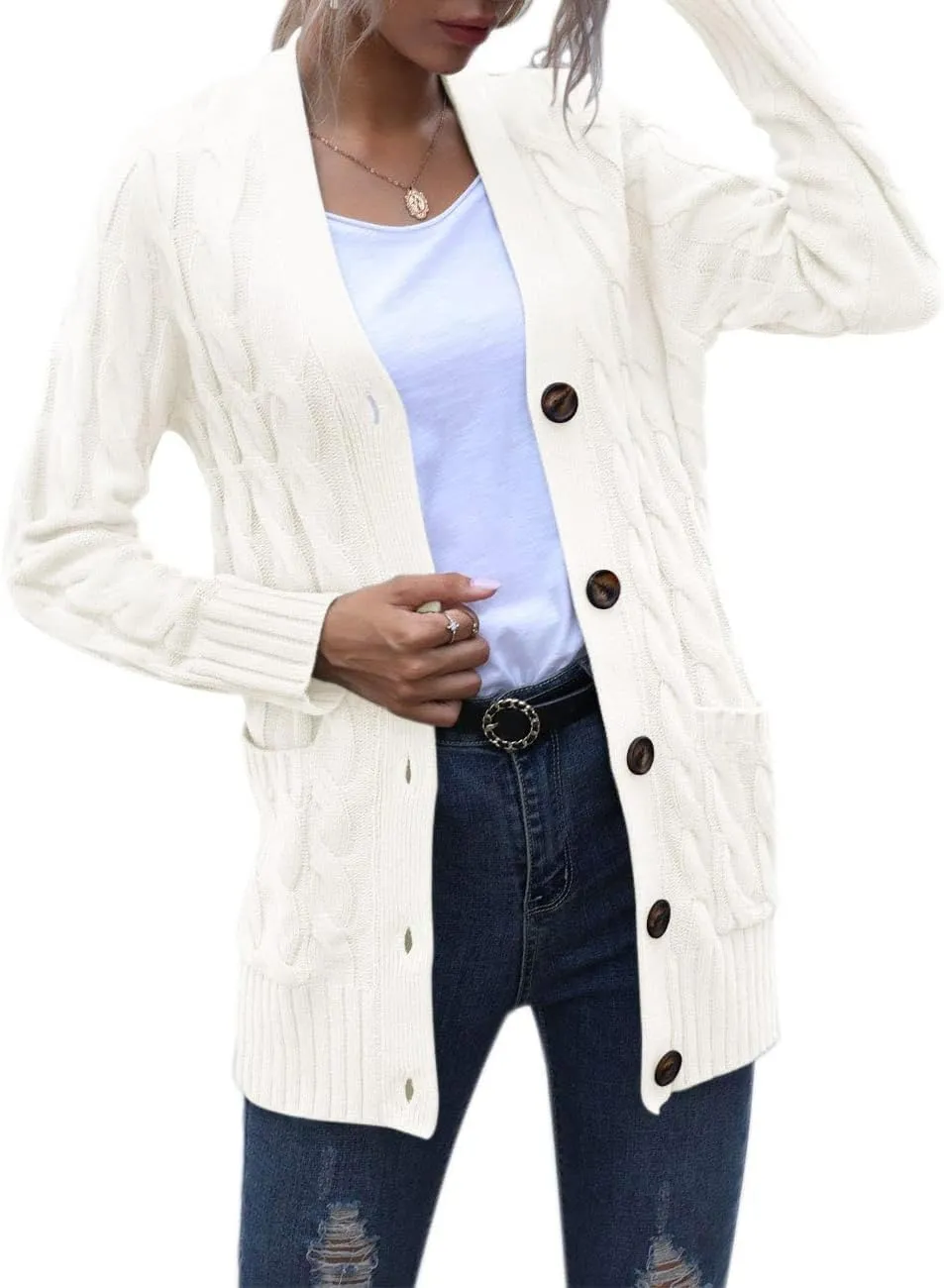 MEROKEETY Women's 2025 Fall Long Sleeve Cable Knit Sweater Open Front Cardigan Button Loose Outerwear