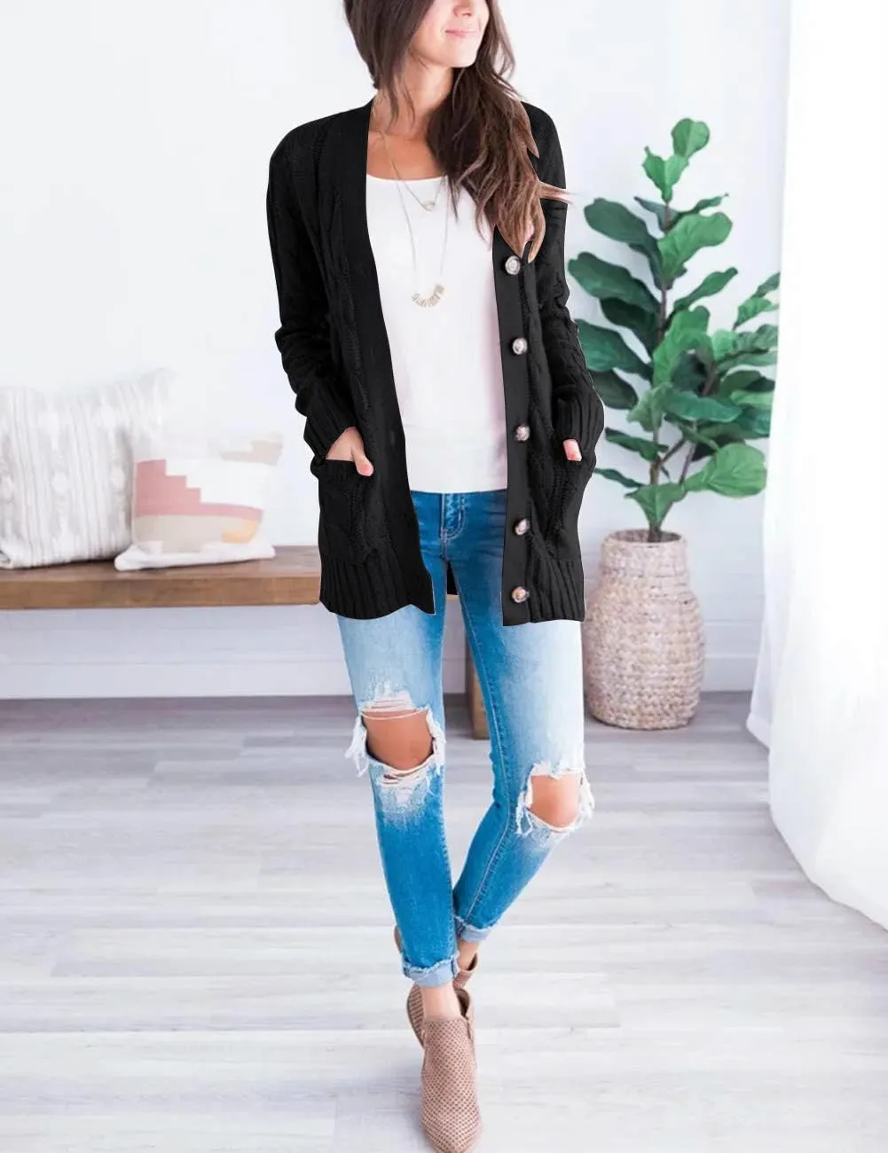 MEROKEETY Women's 2025 Fall Long Sleeve Cable Knit Sweater Open Front Cardigan Button Loose Outerwear