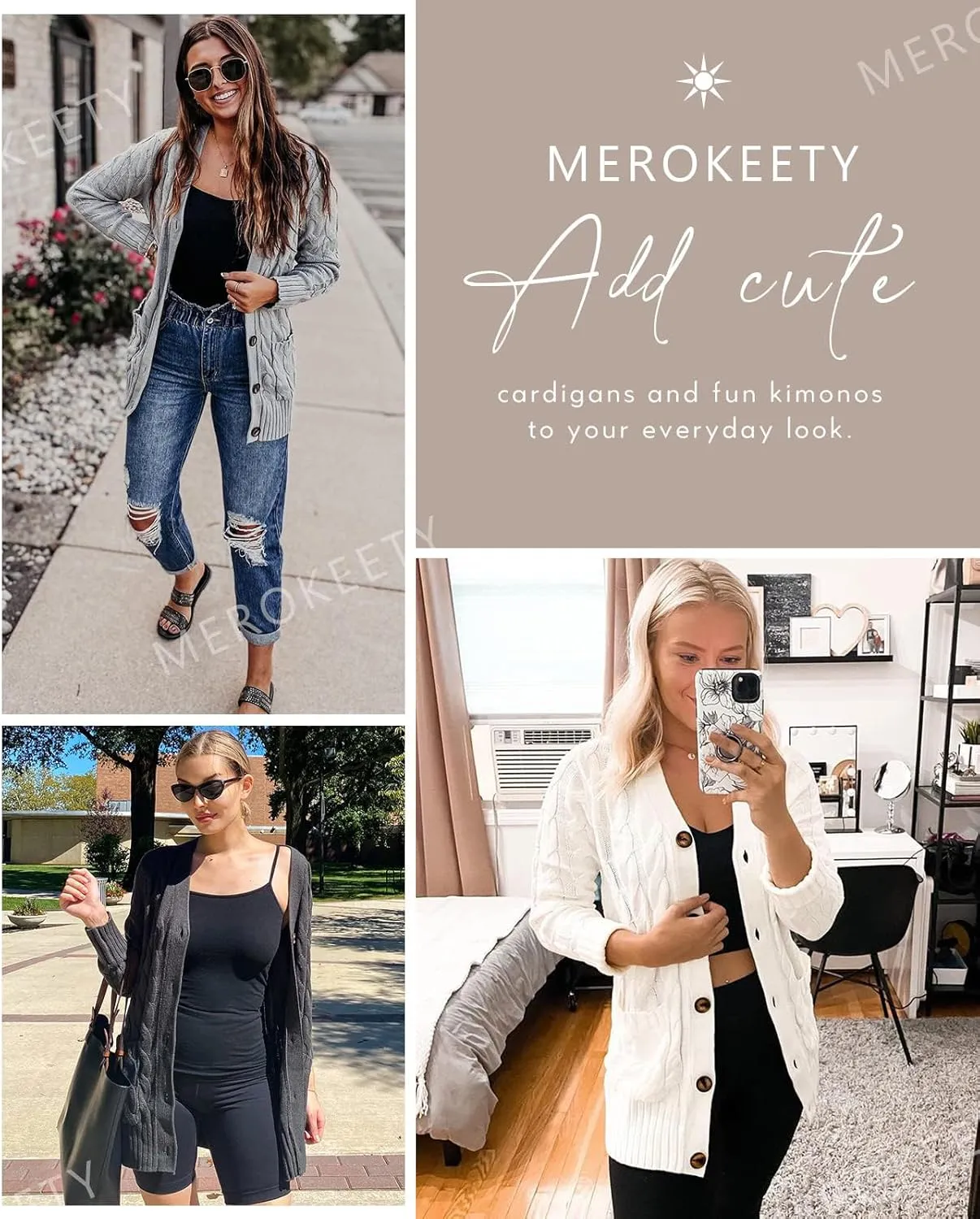 MEROKEETY Women's 2025 Fall Long Sleeve Cable Knit Sweater Open Front Cardigan Button Loose Outerwear