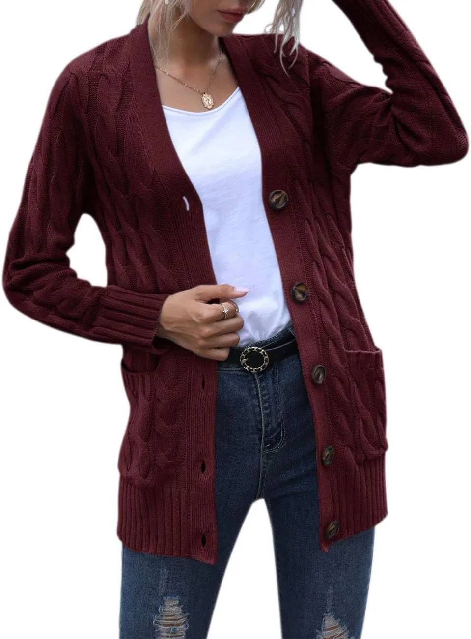MEROKEETY Women's 2025 Fall Long Sleeve Cable Knit Sweater Open Front Cardigan Button Loose Outerwear