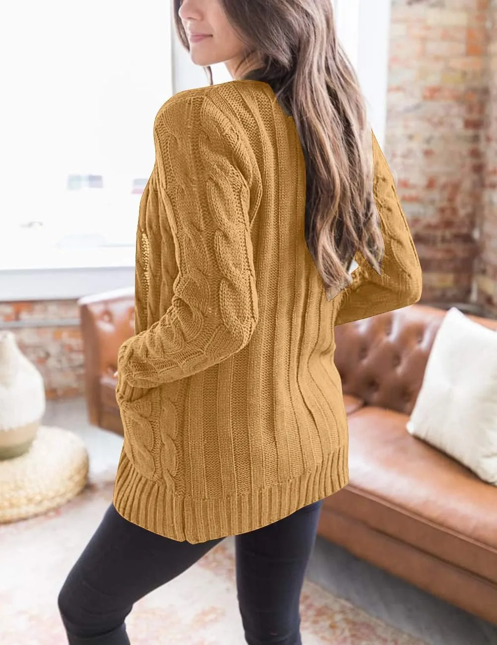 MEROKEETY Women's 2025 Fall Long Sleeve Cable Knit Sweater Open Front Cardigan Button Loose Outerwear