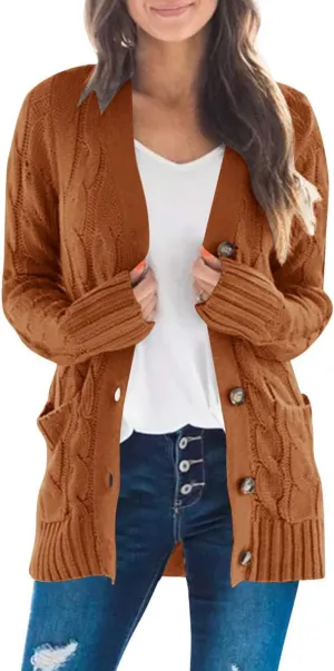 MEROKEETY Women's 2025 Fall Long Sleeve Cable Knit Sweater Open Front Cardigan Button Loose Outerwear