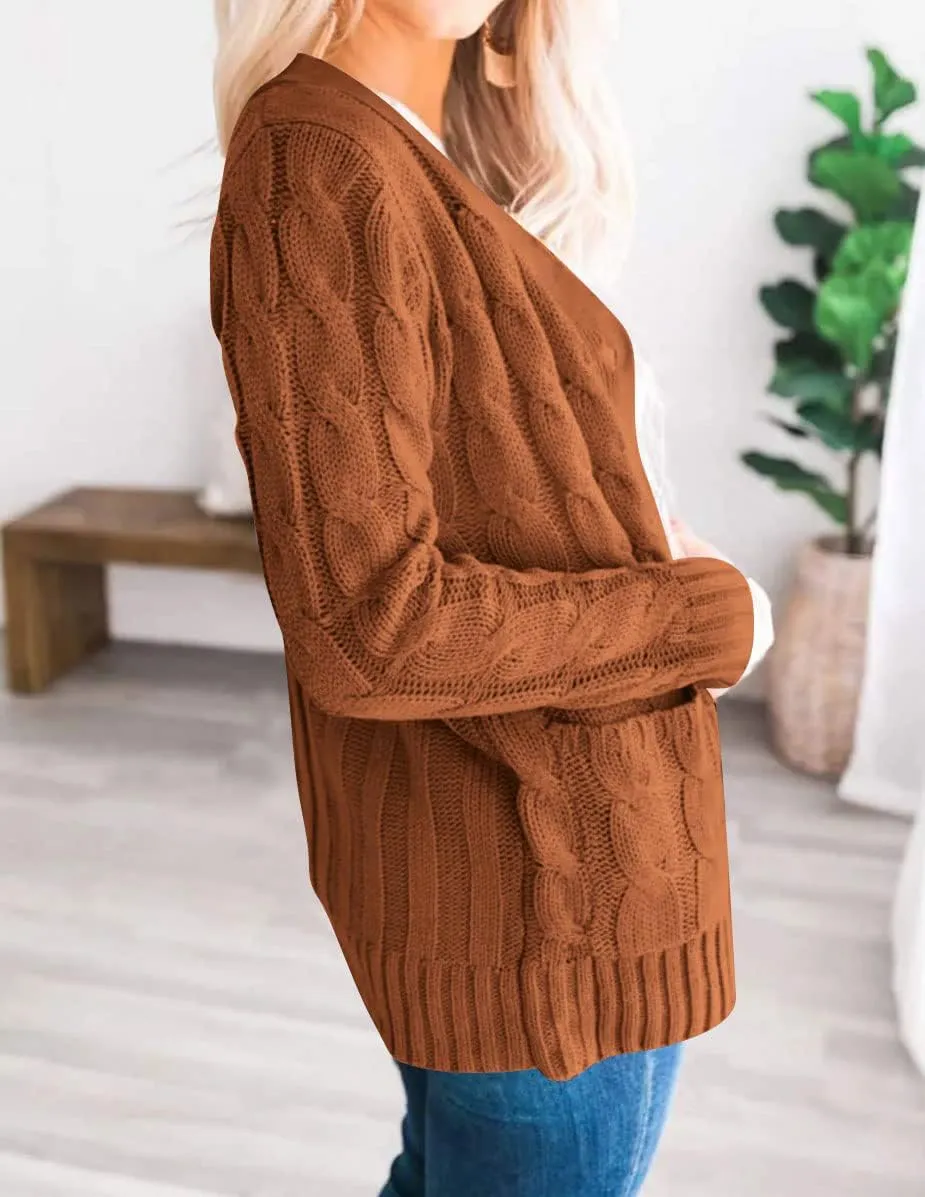 MEROKEETY Women's 2025 Fall Long Sleeve Cable Knit Sweater Open Front Cardigan Button Loose Outerwear