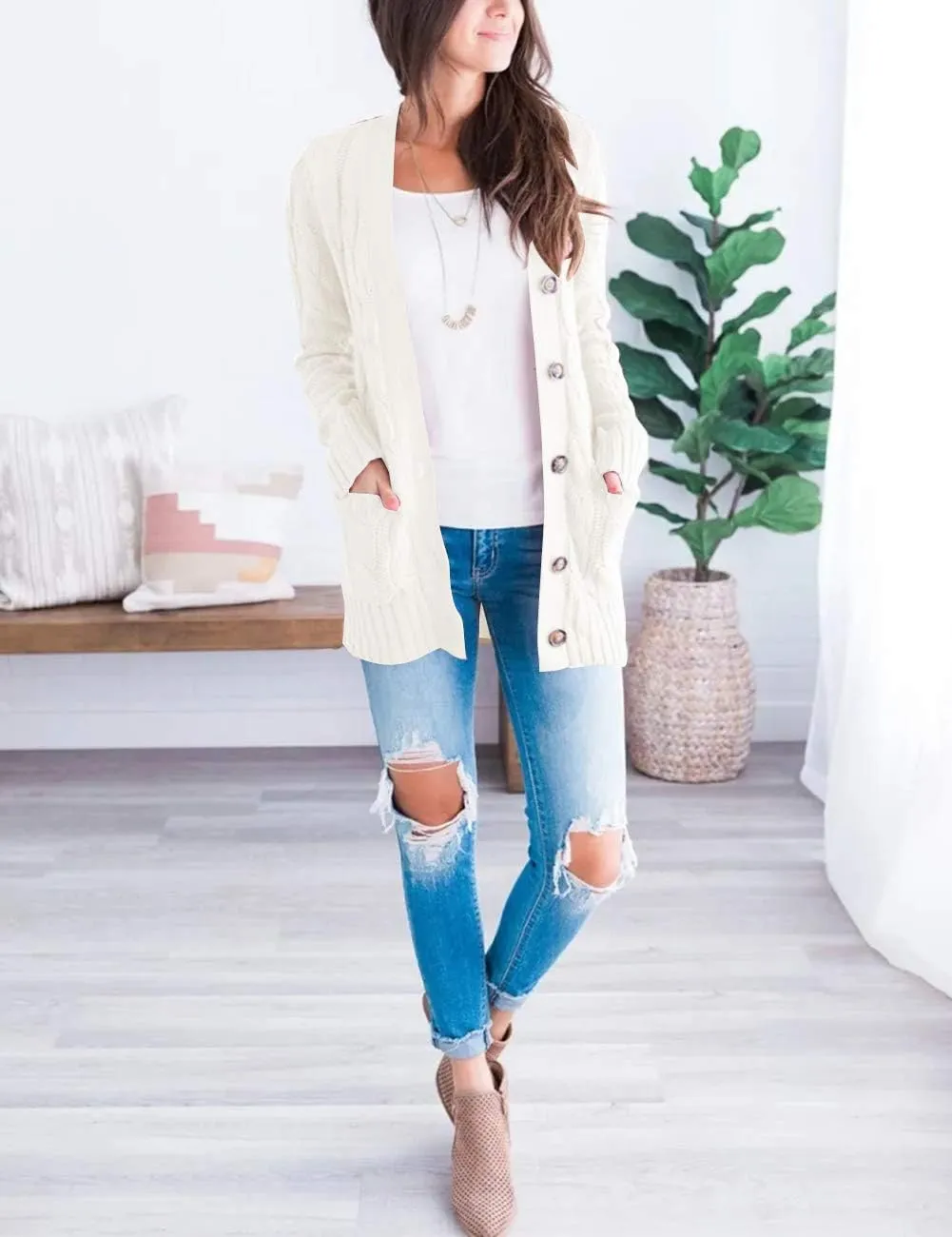 MEROKEETY Women's 2025 Fall Long Sleeve Cable Knit Sweater Open Front Cardigan Button Loose Outerwear