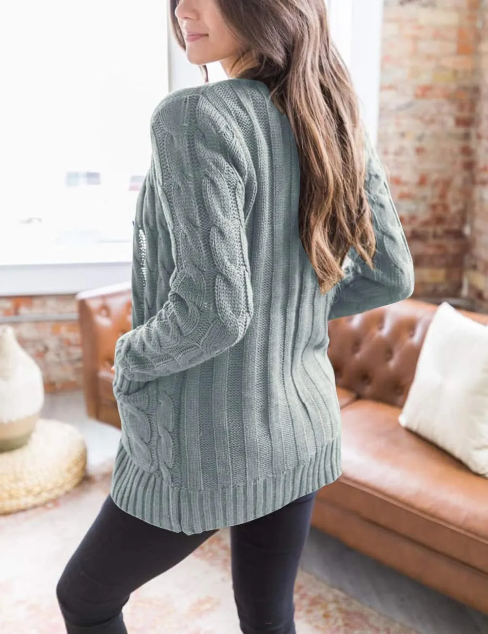 MEROKEETY Women's 2025 Fall Long Sleeve Cable Knit Sweater Open Front Cardigan Button Loose Outerwear