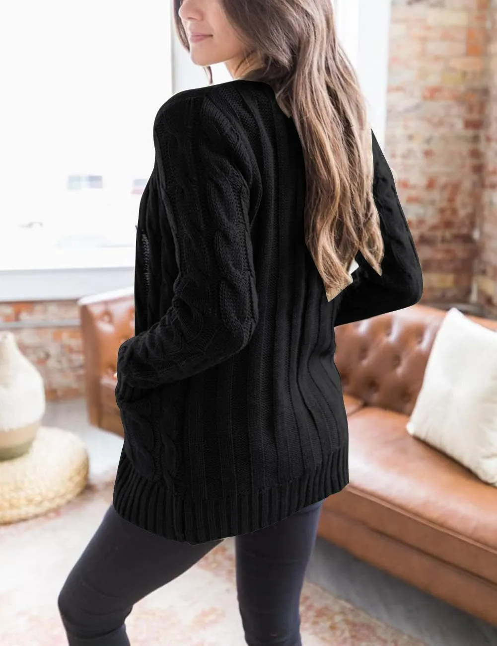 MEROKEETY Women's 2025 Fall Long Sleeve Cable Knit Sweater Open Front Cardigan Button Loose Outerwear