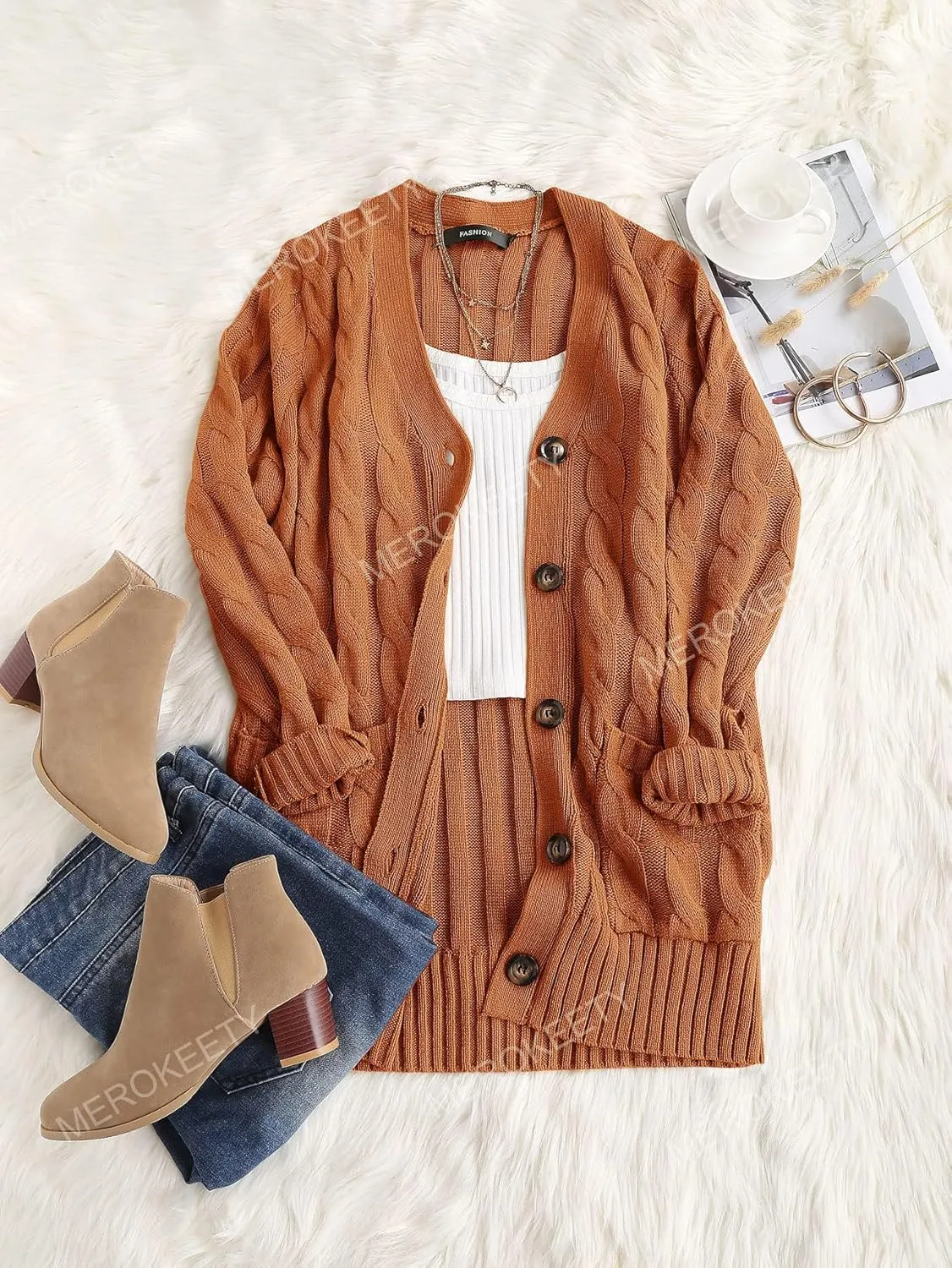 MEROKEETY Women's 2025 Fall Long Sleeve Cable Knit Sweater Open Front Cardigan Button Loose Outerwear