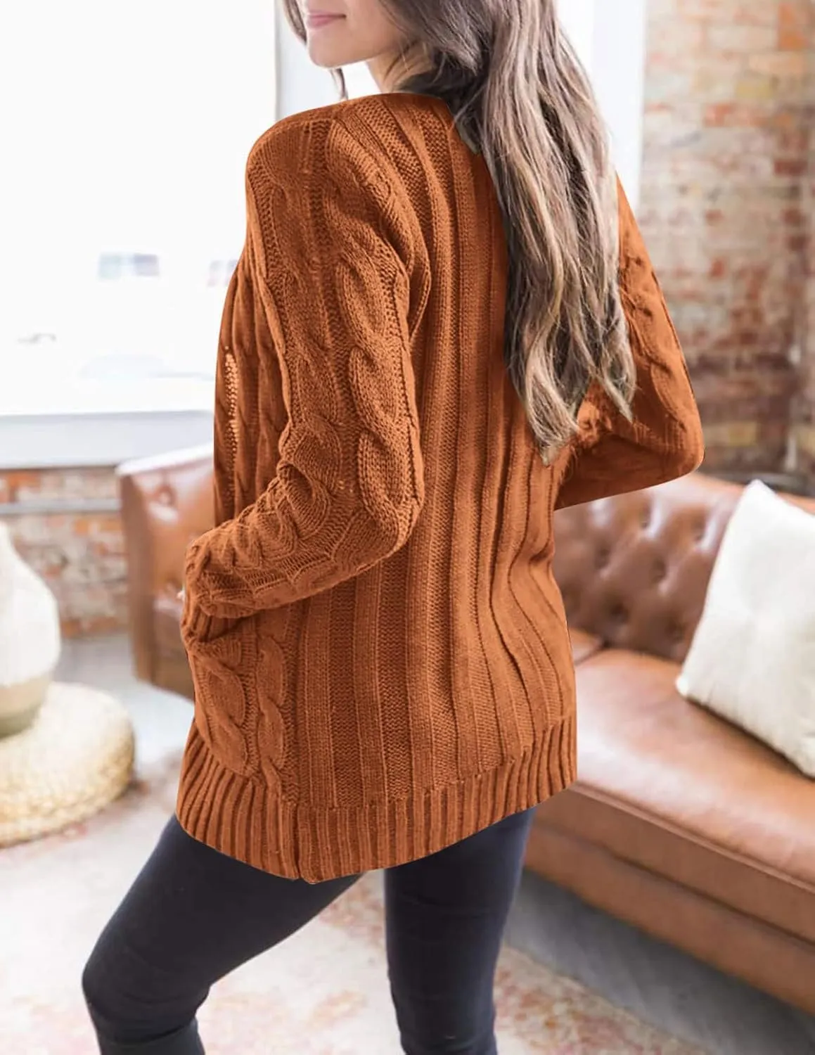 MEROKEETY Women's 2025 Fall Long Sleeve Cable Knit Sweater Open Front Cardigan Button Loose Outerwear