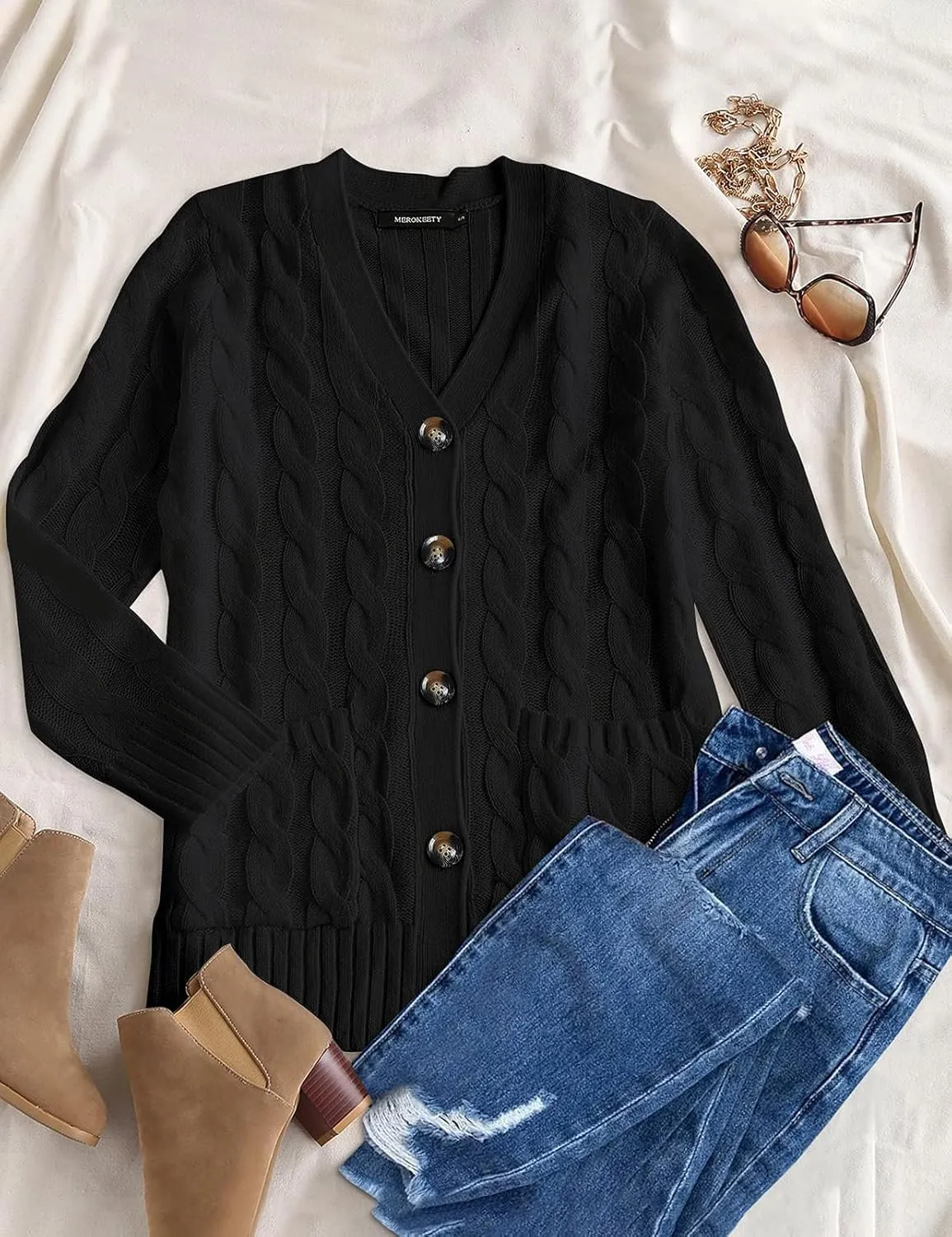 MEROKEETY Women's 2025 Fall Long Sleeve Cable Knit Sweater Open Front Cardigan Button Loose Outerwear