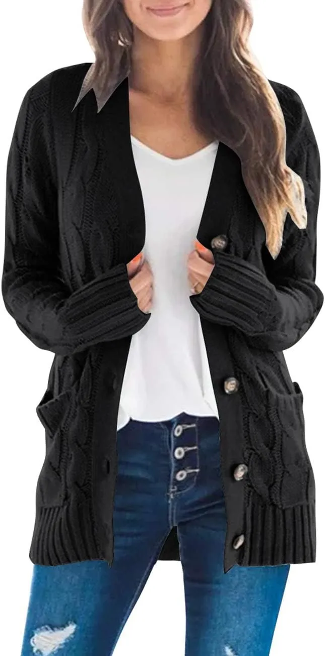 MEROKEETY Women's 2025 Fall Long Sleeve Cable Knit Sweater Open Front Cardigan Button Loose Outerwear