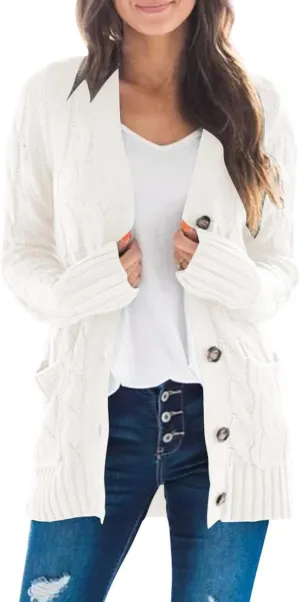 MEROKEETY Women's 2025 Fall Long Sleeve Cable Knit Sweater Open Front Cardigan Button Loose Outerwear