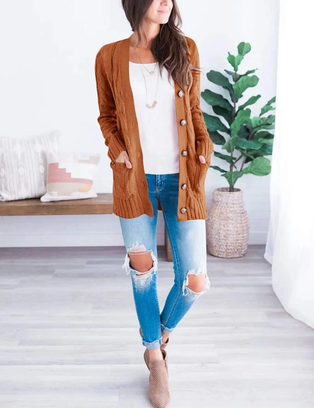 MEROKEETY Women's 2025 Fall Long Sleeve Cable Knit Sweater Open Front Cardigan Button Loose Outerwear