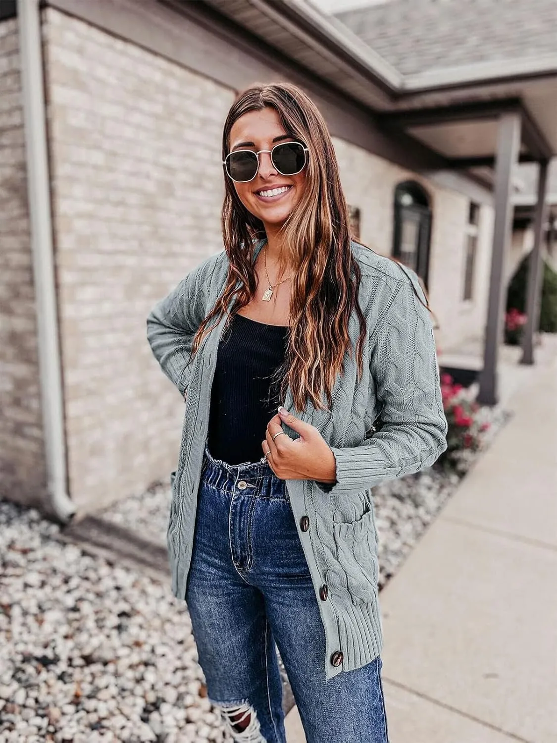 MEROKEETY Women's 2025 Fall Long Sleeve Cable Knit Sweater Open Front Cardigan Button Loose Outerwear