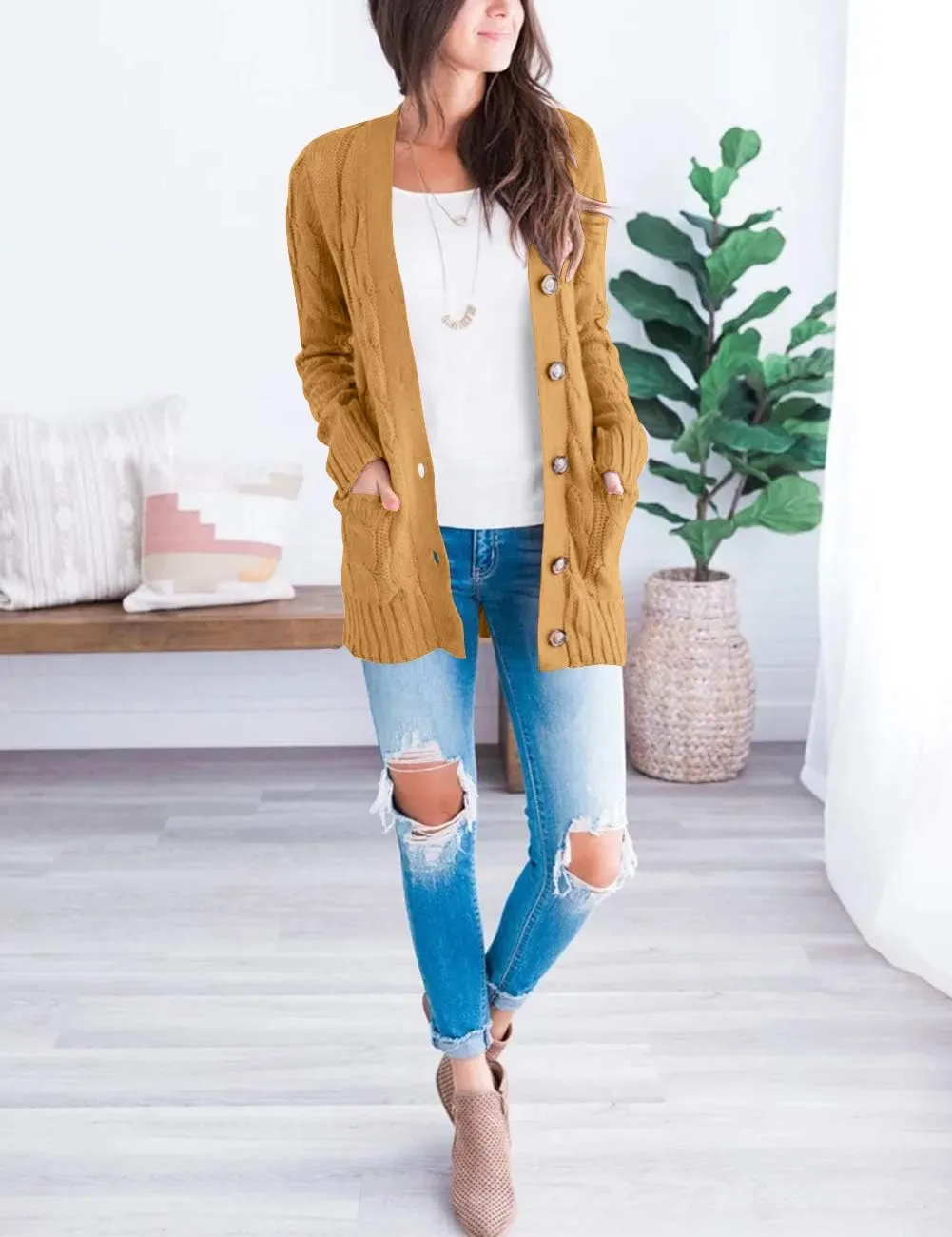 MEROKEETY Women's 2025 Fall Long Sleeve Cable Knit Sweater Open Front Cardigan Button Loose Outerwear