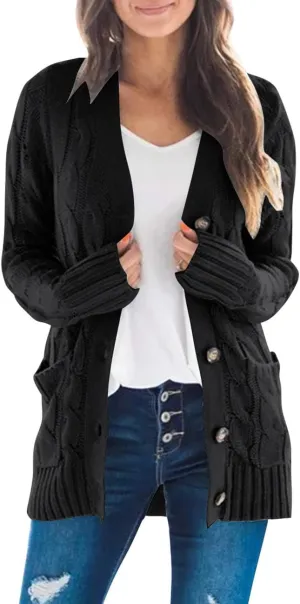 MEROKEETY Women's 2025 Fall Long Sleeve Cable Knit Sweater Open Front Cardigan Button Loose Outerwear