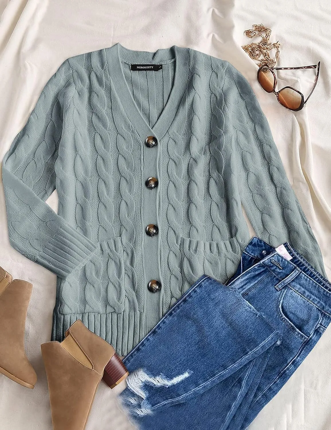 MEROKEETY Women's 2025 Fall Long Sleeve Cable Knit Sweater Open Front Cardigan Button Loose Outerwear
