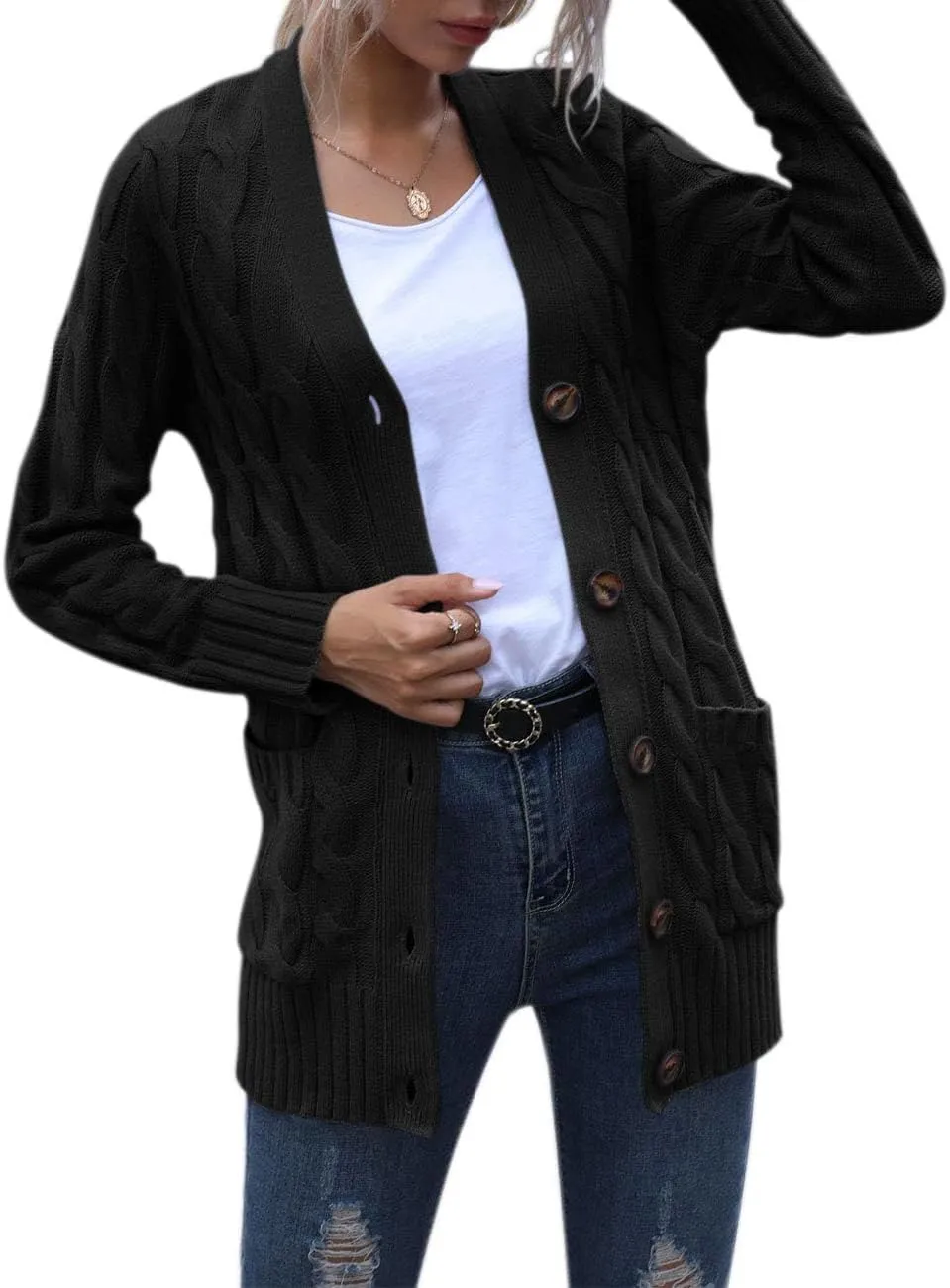 MEROKEETY Women's 2025 Fall Long Sleeve Cable Knit Sweater Open Front Cardigan Button Loose Outerwear