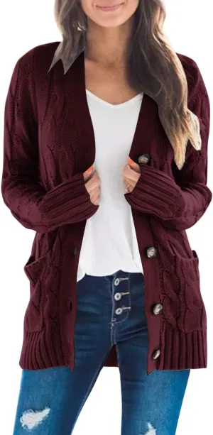 MEROKEETY Women's 2025 Fall Long Sleeve Cable Knit Sweater Open Front Cardigan Button Loose Outerwear