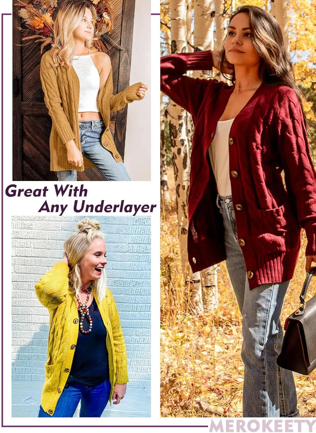 MEROKEETY Women's 2025 Fall Long Sleeve Cable Knit Sweater Open Front Cardigan Button Loose Outerwear