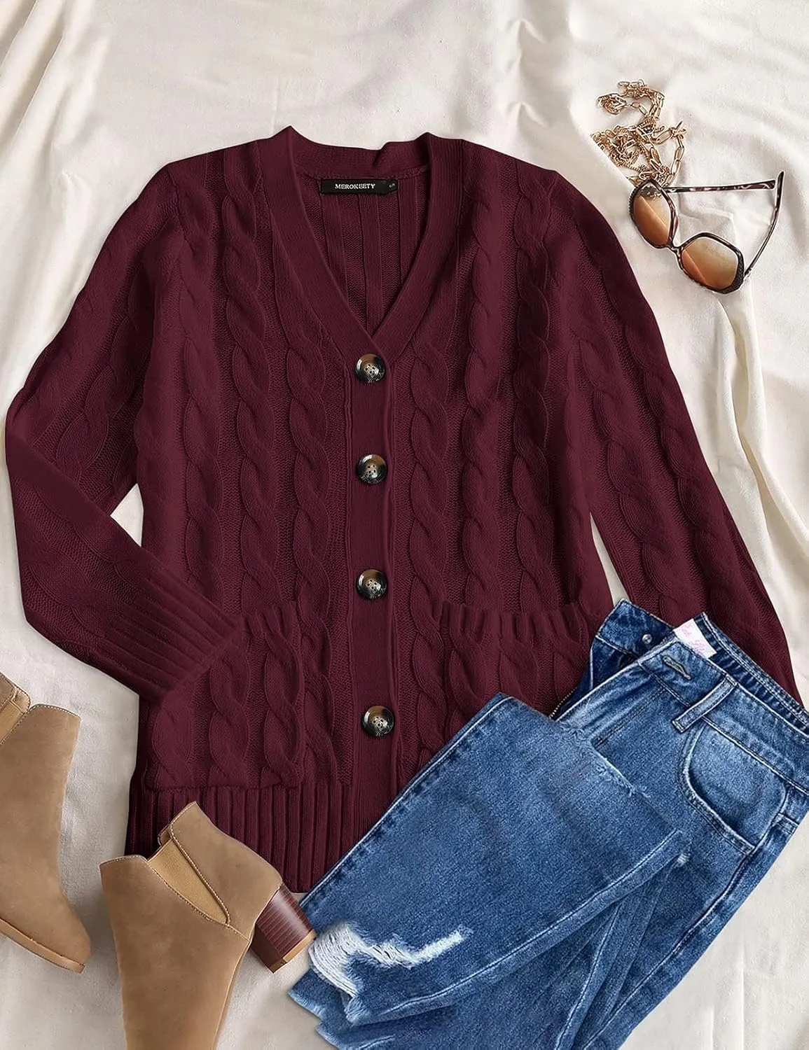 MEROKEETY Women's 2025 Fall Long Sleeve Cable Knit Sweater Open Front Cardigan Button Loose Outerwear