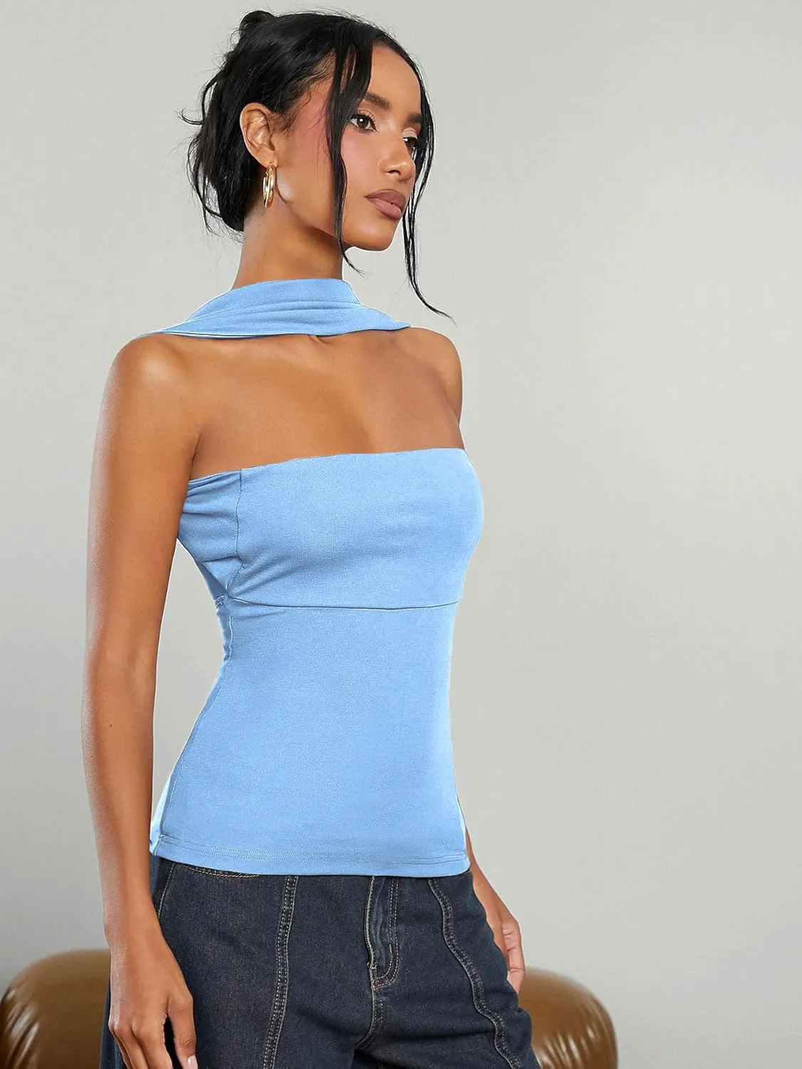 Milumia Women Ruched Strapless Halter Tube Top Open Back Slim Fit Bandeau Shirts