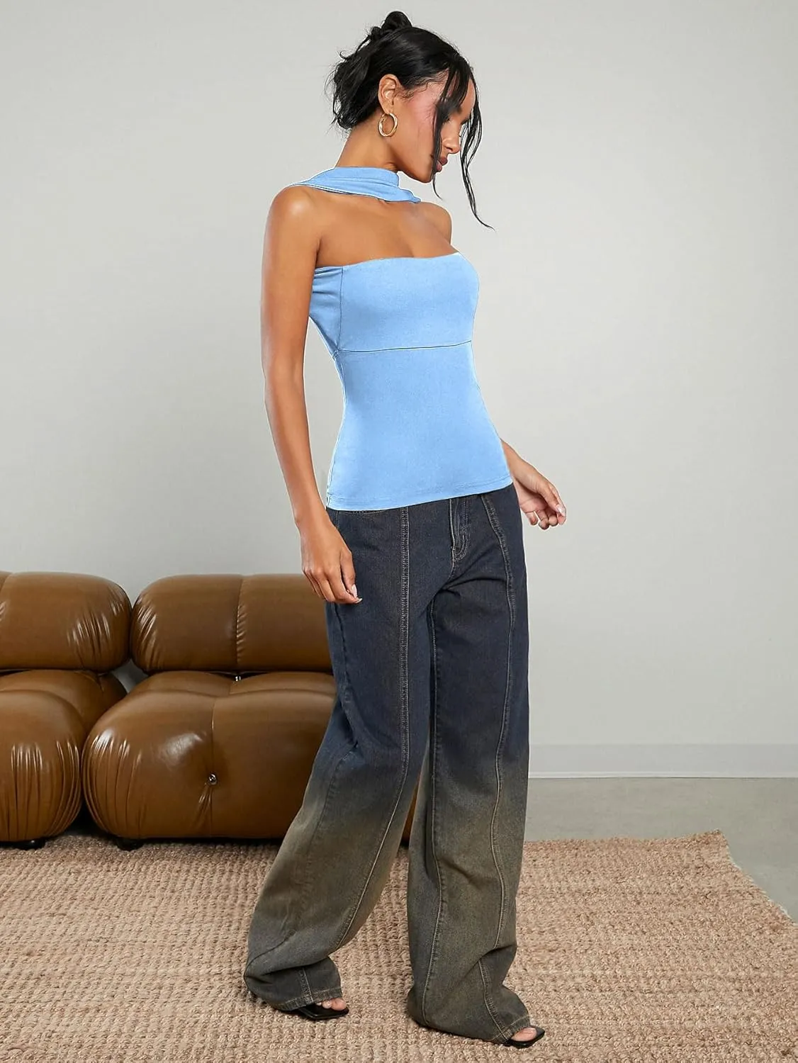 Milumia Women Ruched Strapless Halter Tube Top Open Back Slim Fit Bandeau Shirts