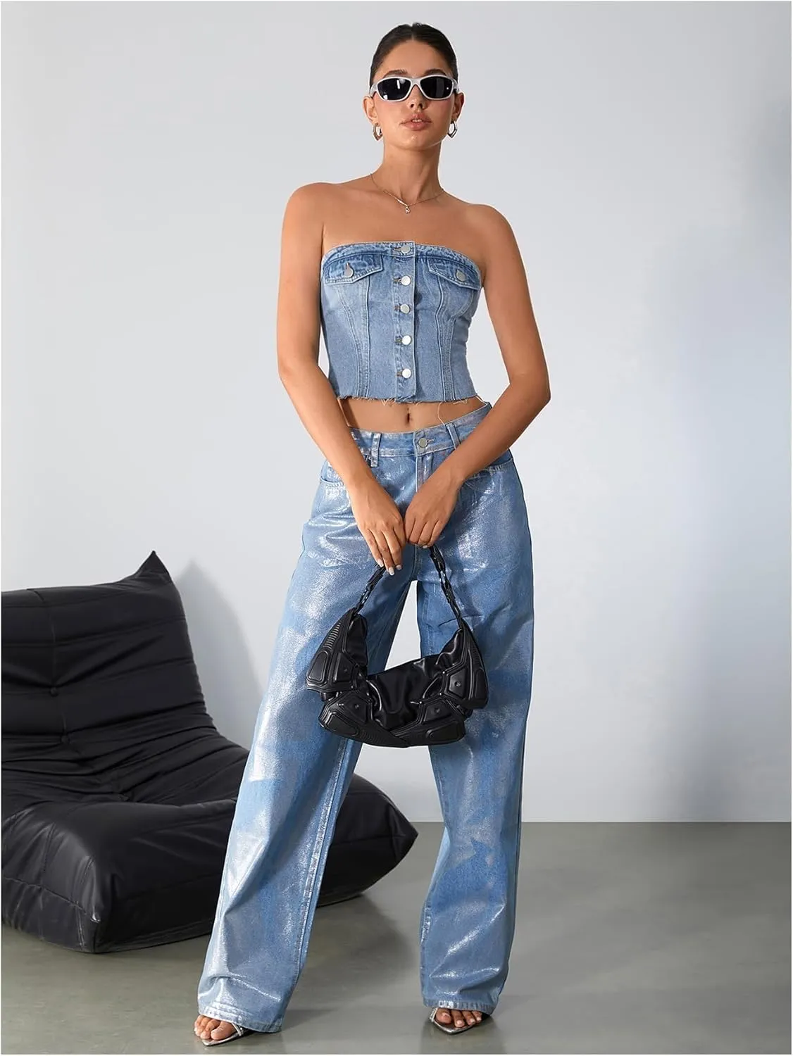 Milumia Women's Button Front Denim Tube Top Raw Hem Strapless Bandeau Jean Tops