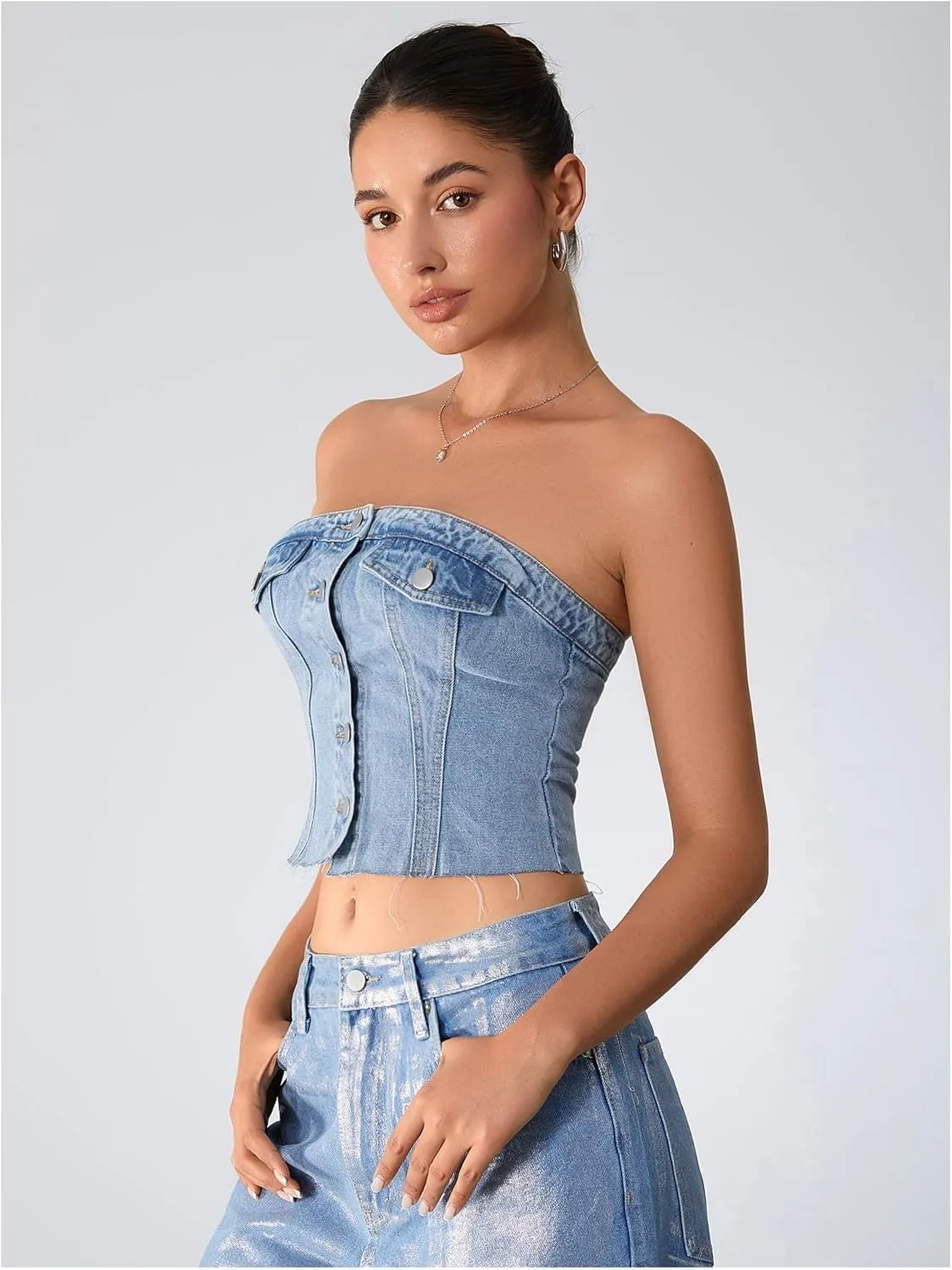 Milumia Women's Button Front Denim Tube Top Raw Hem Strapless Bandeau Jean Tops