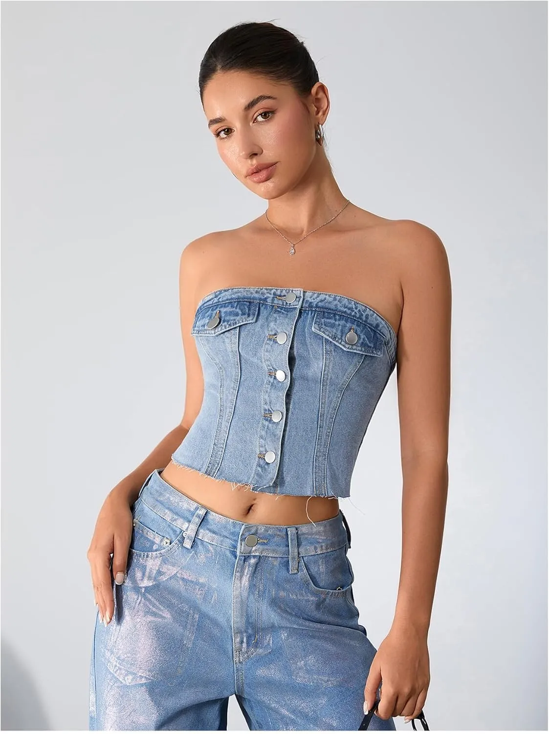 Milumia Women's Button Front Denim Tube Top Raw Hem Strapless Bandeau Jean Tops