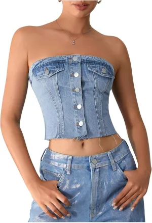 Milumia Women's Button Front Denim Tube Top Raw Hem Strapless Bandeau Jean Tops