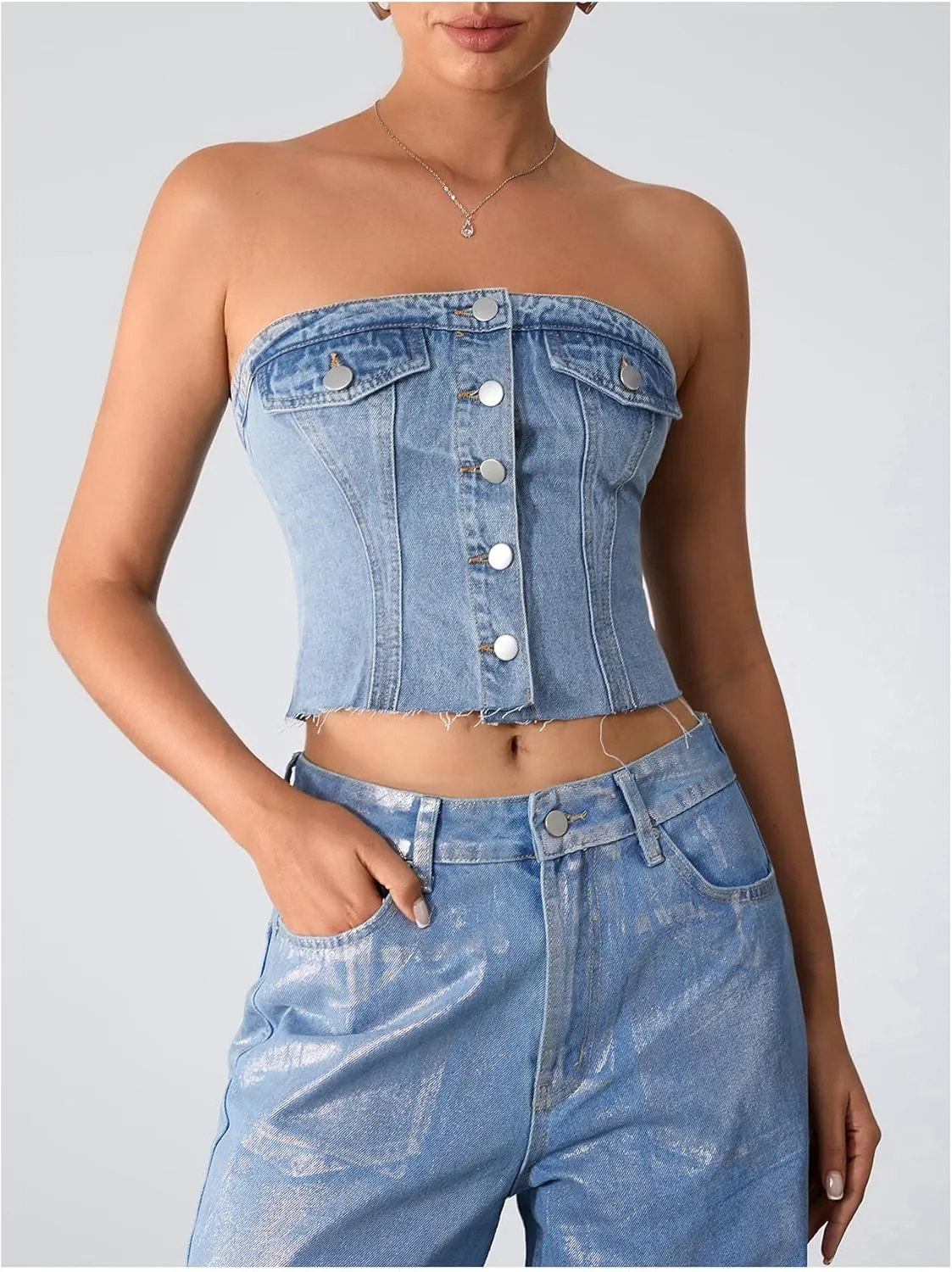 Milumia Women's Button Front Denim Tube Top Raw Hem Strapless Bandeau Jean Tops