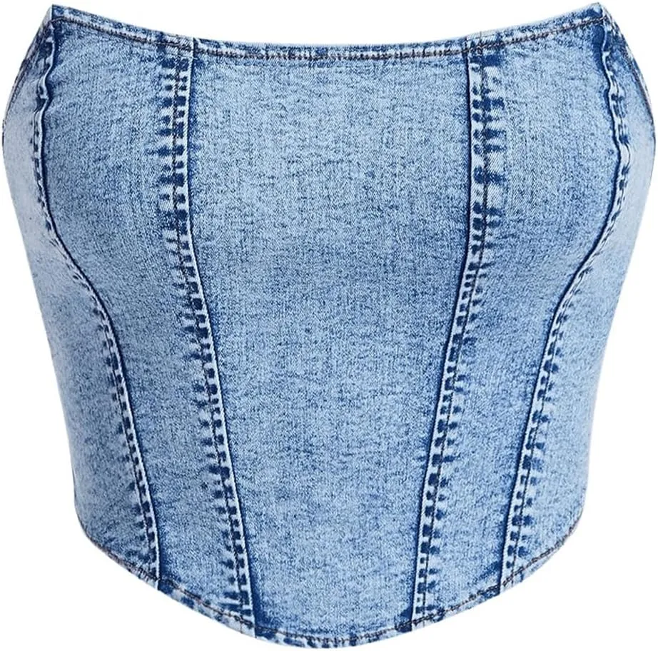 Milumia Women's Hanky Hem Denim Tube Top Strapless Zip Back Corset Bandeau Tops