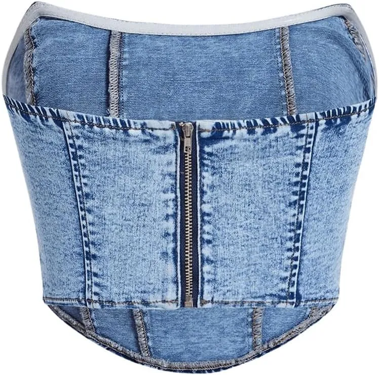 Milumia Women's Hanky Hem Denim Tube Top Strapless Zip Back Corset Bandeau Tops