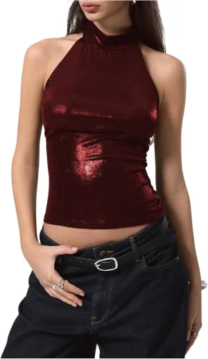Milumia Women's Sexy Backless Halter Top Sleeveless Slim Fit Party Rave Tank Tops