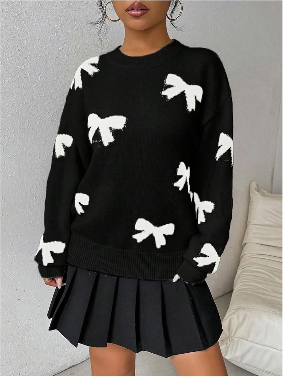 Milumia Women's Y2K Bow Sweater Long Sleeve Crew Neck Knit Pullover Top