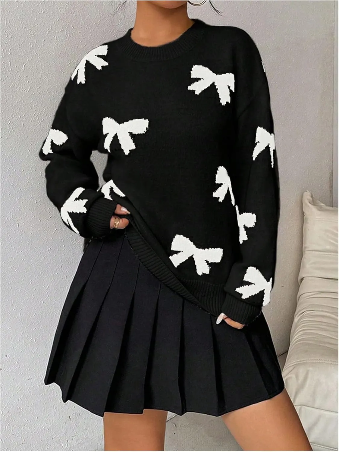 Milumia Women's Y2K Bow Sweater Long Sleeve Crew Neck Knit Pullover Top