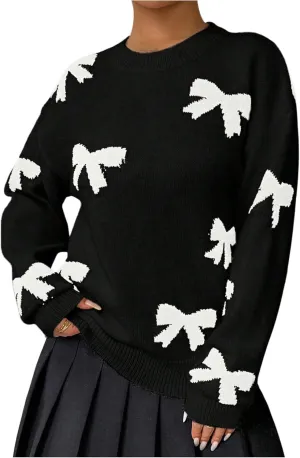 Milumia Women's Y2K Bow Sweater Long Sleeve Crew Neck Knit Pullover Top