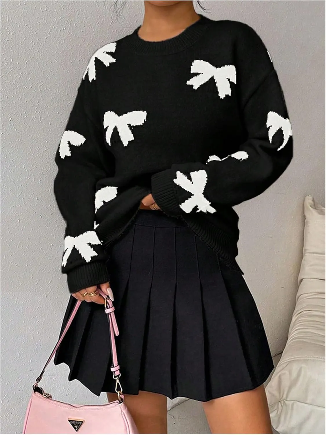 Milumia Women's Y2K Bow Sweater Long Sleeve Crew Neck Knit Pullover Top