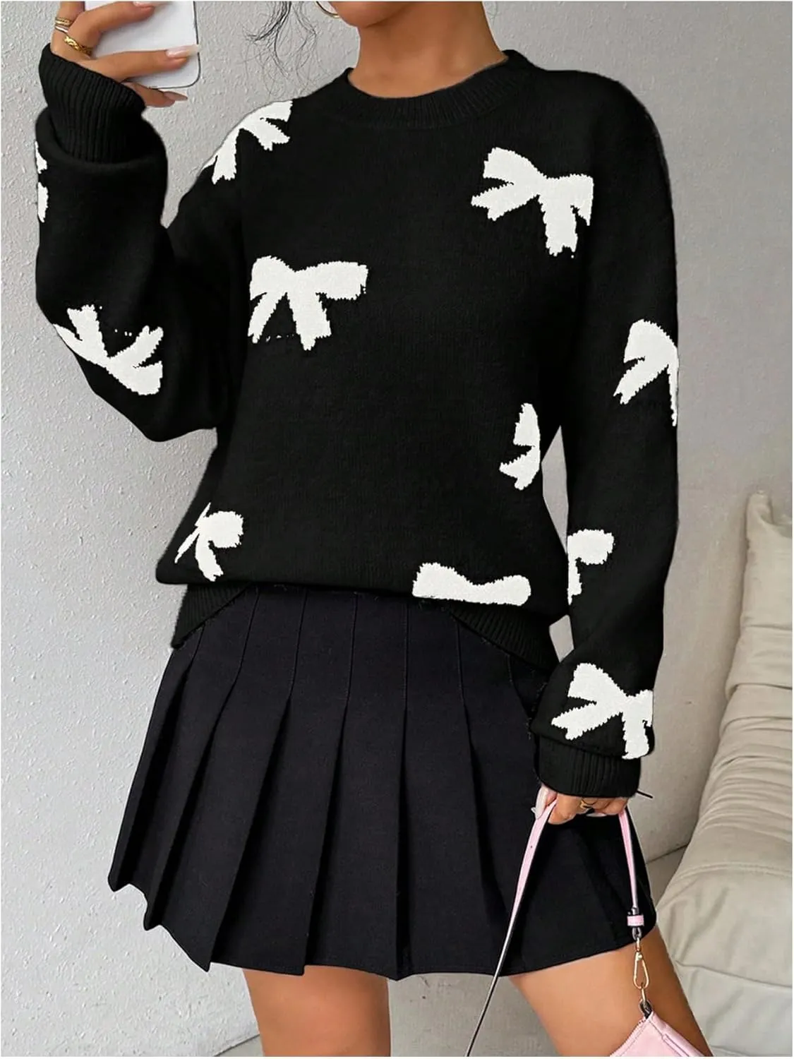 Milumia Women's Y2K Bow Sweater Long Sleeve Crew Neck Knit Pullover Top