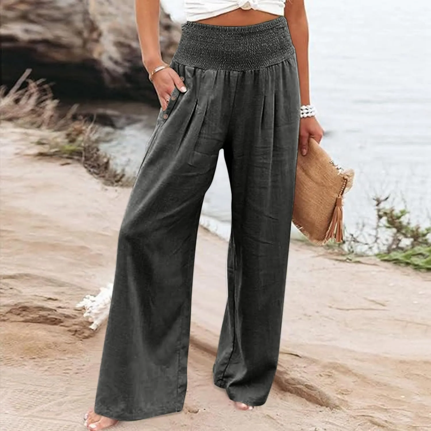 Miyaomn Casual Smocked Linen Palazzo Pants for Women Summer Boho Wide Leg High Waist Long Flowy Lounge Trousers with Pockets